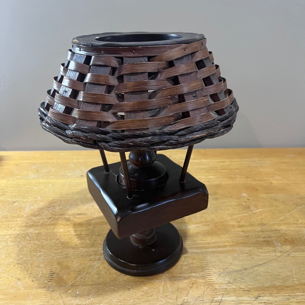 Vtg Rustic Wooden Candle Lamp Woven Basket Shade Farmhouse Decor Dark Brown 11"